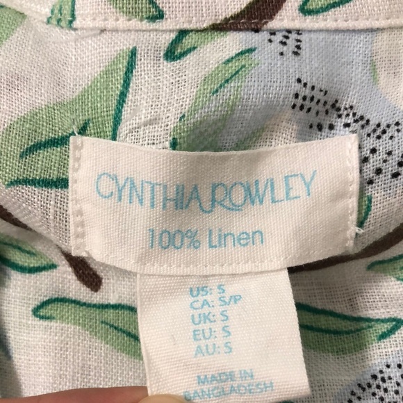 Novelty Blue Bird & Leaf Print 100% Linen Button-up Women's Collared Blouse - Picture 11 of 12